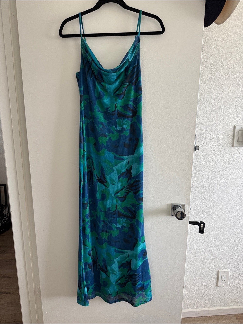 Cowl-Neck Maxi Slip Dress in Teal & Blue